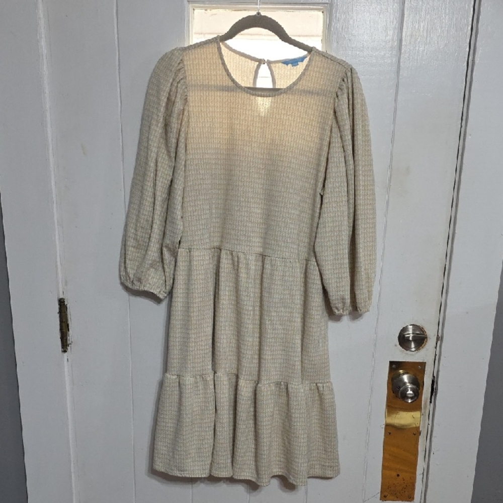 Draper James RSVP Women's Dress Cream/Shimmery Gold Houndstooth Tiered‎ Sz L EUC